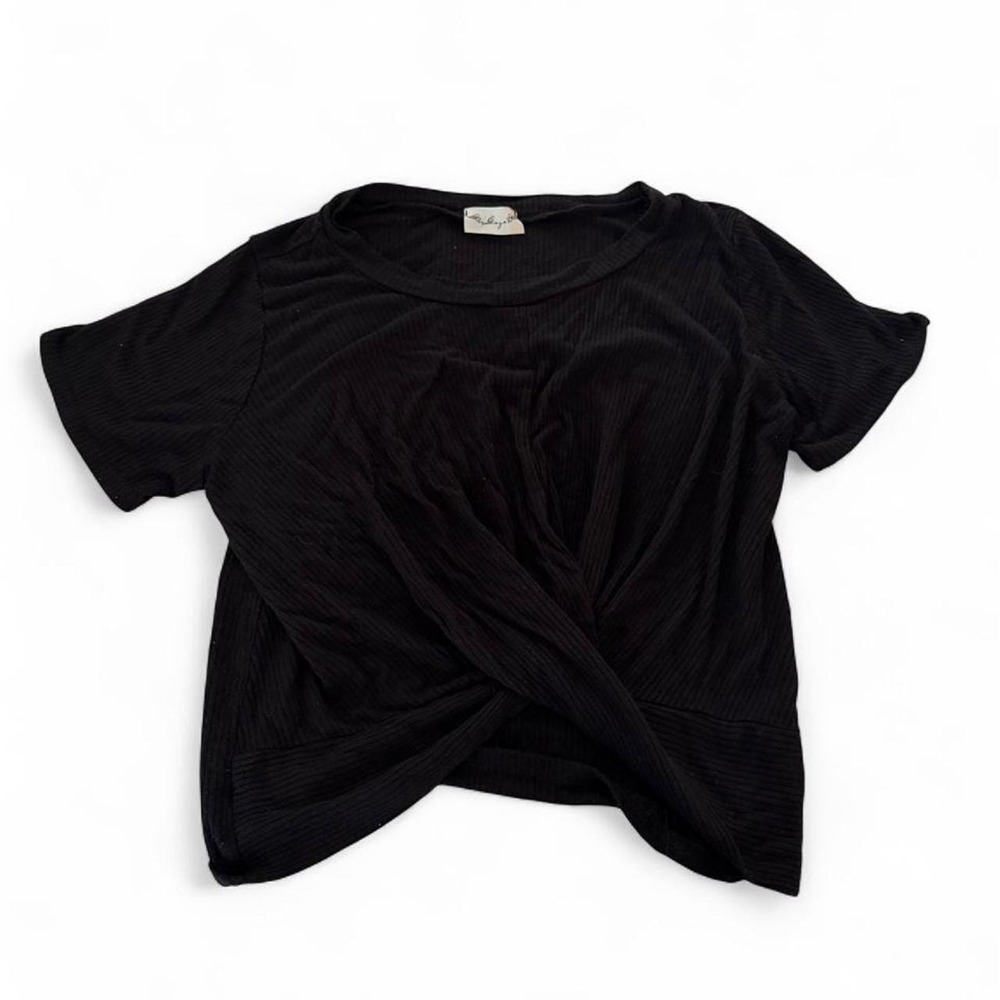 Gaze Womens Black Ribbed Knit Front Twist Cropped Short Sleeve Top